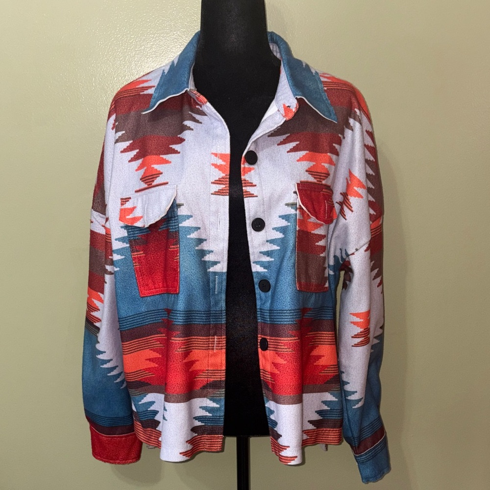 Patterned Aztec Button-Up Jacket - Red, Blue, White